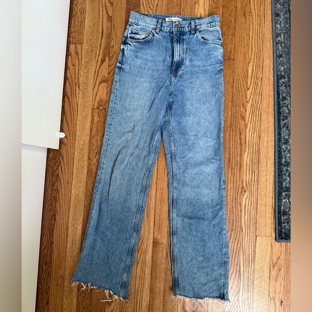 Zara Blue Straight Leg Jeans with Frayed Hem